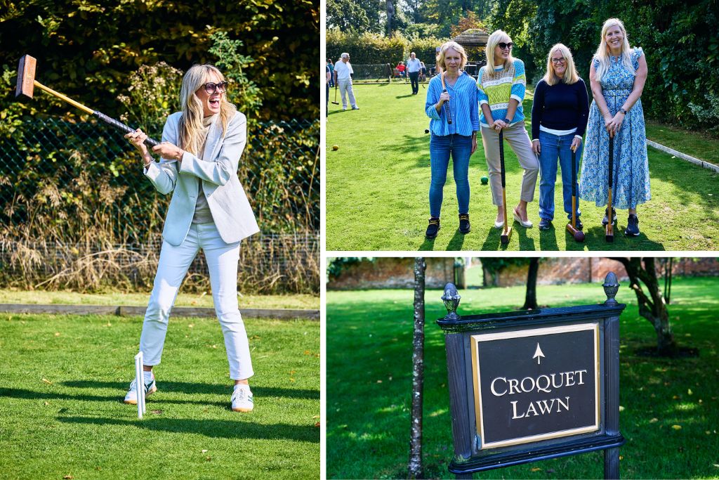 Composite image of three photos - one a women dressed in white jeans and blazer playing croquet, four women with croquet sticks and a croquet lawn sign