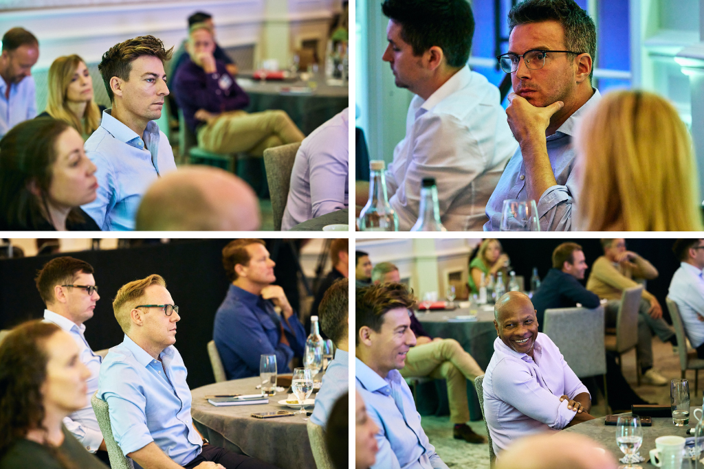 Composite image of 4 photos, all people at a conference listening in the audience to speakers