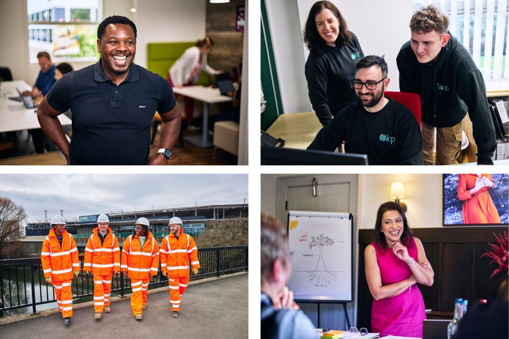 4 different images, all business photography, top left, candid portrait of a man in a black polo shirt with the office environment in the background, top right three colleagues laughing together gathered around a computer. Bottom left 4 construction workers on site in high viz clothing and helmets, and bottom right a business woman in bright pink dress presenting with a white board to her left. 