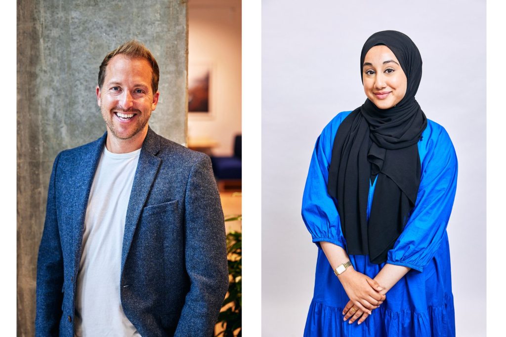 Two separate images of two corporate people. One the left, a man in t shirt and jacket in a modern office setting. On the right, a woman in blue dress and black hijab, against a white background